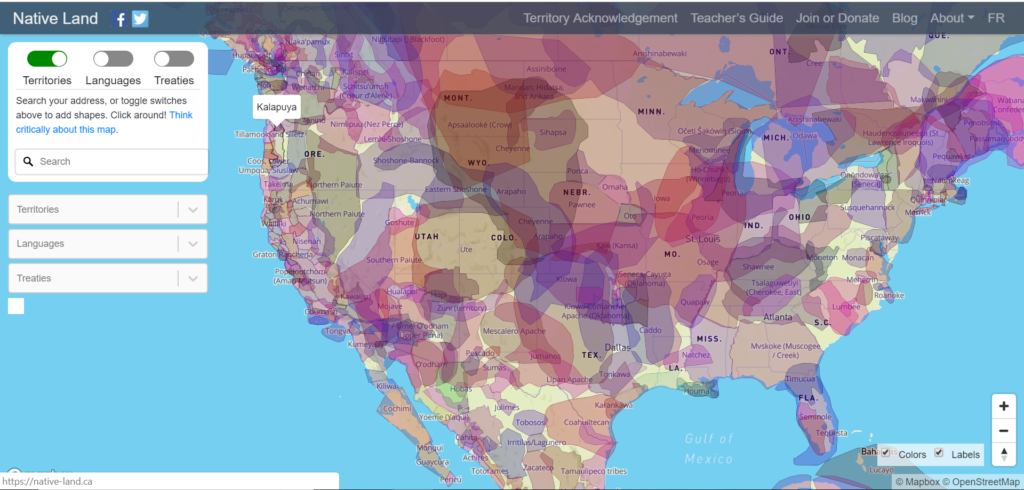 A snapshot of Native-Land.ca, showing how highly populated it is with different territories.